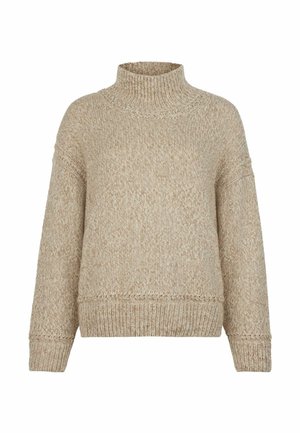 Beige strikket sweater med høj krave, løs pasform, sænkede skuldre og ribkant forneden. Tekstureret stof med et blødt, hyggeligt udseende.