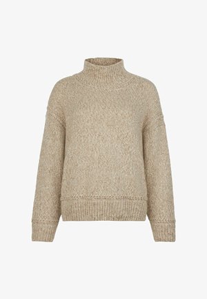 Beiger Strickpullover mit hohem Kragen, lockerer Passform, überschnittenen Schultern und geripptem Saum. Strukturierter Stoff mit weichem, gemütlichem Aussehen.