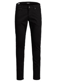 Jean slim-fit noir en denim, avec une fermeture boutonnée, cinq poches et une texture lisse sans motifs visibles.