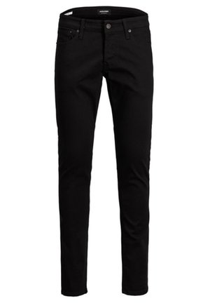 Zwarte slim-fit jeans van denim, met een knoopsluiting, vijf zakken en een gladde textuur zonder zichtbare patronen.