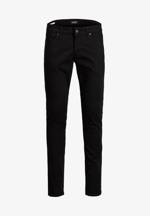 Schwarze Denim-Jeans mit schmaler Passform, ausgestattet mit einem traditionellen Fünf-Taschen-Design, Metallknopfverschluss und Gürtelschlaufen. Weiche Textur.