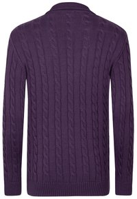 Lila Kabelstrickpullover mit strukturiertem Muster, langen Ärmeln und gerippten Bündchen und Saum. Aus weichem Material mit lockerer Passform.