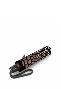 Funda de paraguas compacta negra con un patrón texturizado en marrón claro y crema, que cuenta con un asa de agarre resistente y un botón rojo.