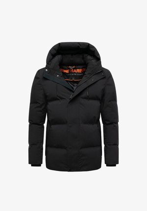 Czarna kurtka ocieplana z kapturem, z zamkiem błyskawicznym, przednimi kieszeniami oraz kontrastowymi pomarańczowymi detalami na wewnętrznej metce.