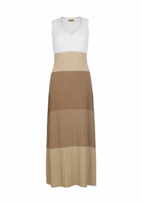 Ärmlös maxiklänning med v-ringning, med horisontella sektioner i vitt, beige och brunt ribbat mönster, med en jämn tygfinish.