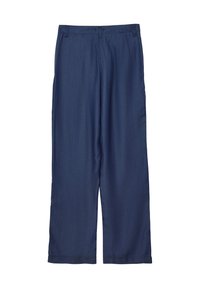 Pantaloni a gamba larga di colore blu navy realizzati in un tessuto leggero. Presentano una vita frontale con passanti per cintura e orli ben rifiniti.