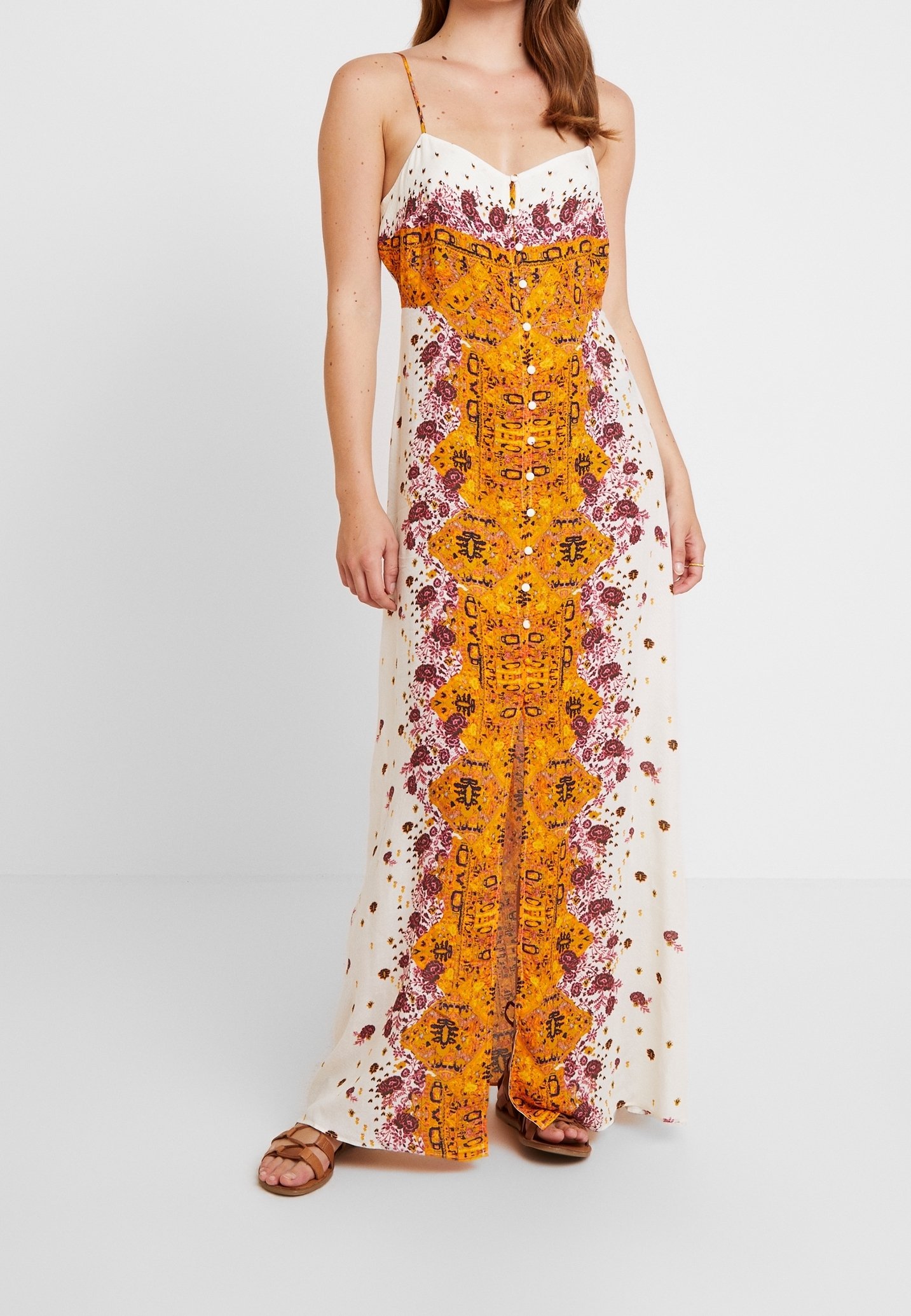 knee length dresses for ladies Intimately Free People Orange Floral Smocked Maxi Dress (XS)  The Thrifty  Hippy