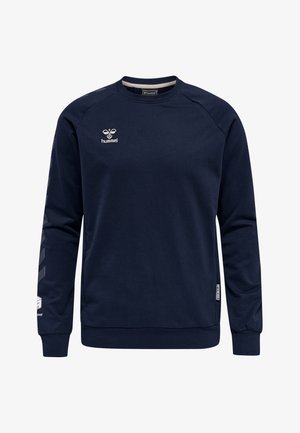 Un sweat bleu marine avec un col rond, des manches longues, des poignets et un ourlet côtelés, portant un logo sur la poitrine et un motif graphique sur les manches.