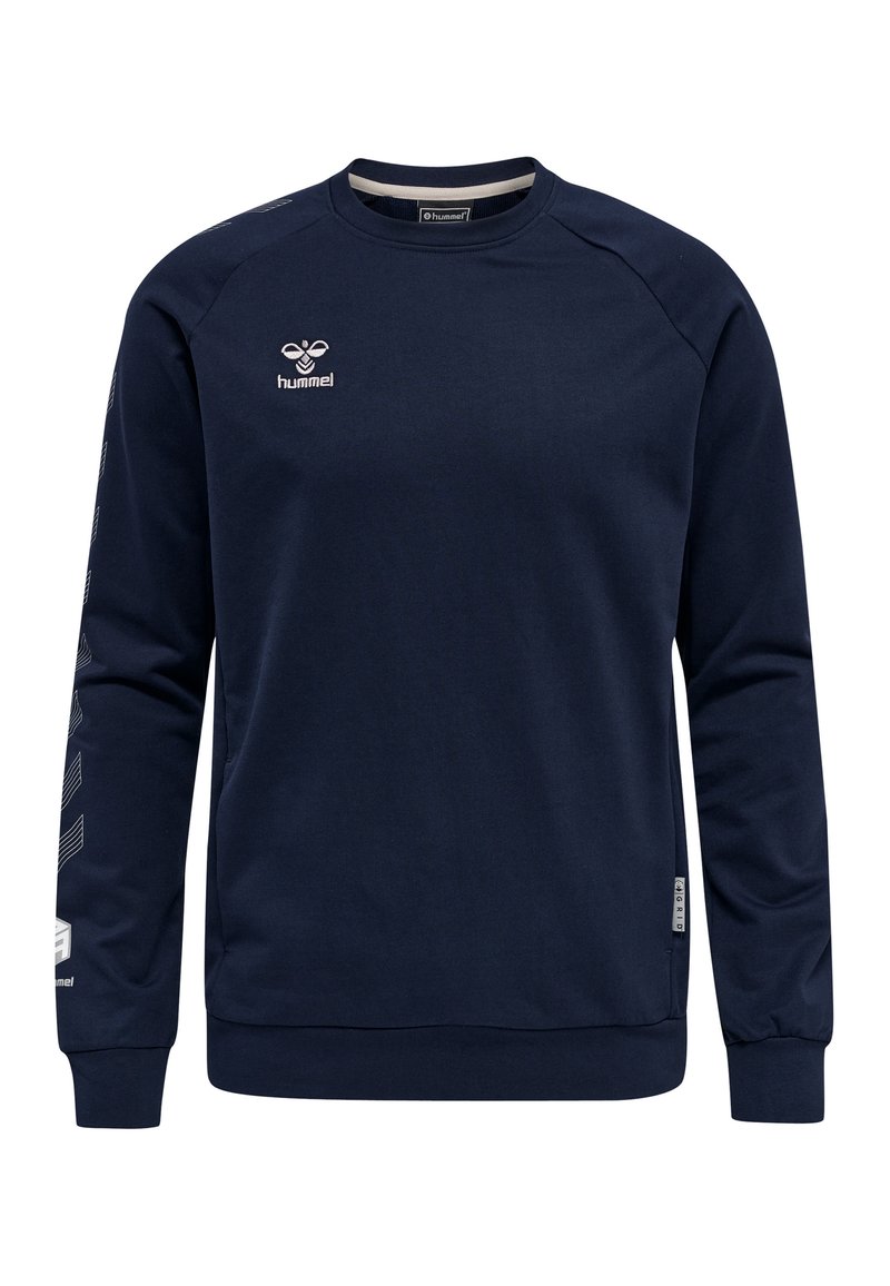 Felpa blu navy con scollatura rotonda, maniche lunghe, polsini e orlo a coste, con un logo sul petto e un motivo grafico sulle maniche.