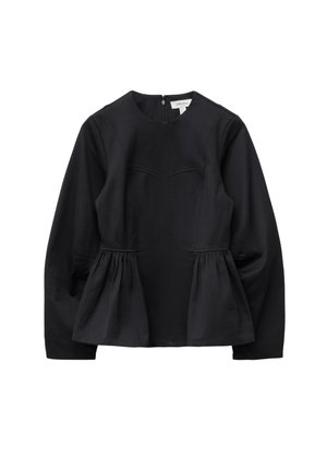 Black long-sleeve peplum top with round neckline, seam detailing on the chest, and a back zipper closure.