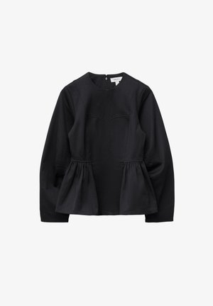 Black long-sleeve peplum top with round neckline, seam detailing on the chest, and a back zipper closure.
