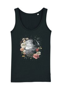 Canotta nera con una grafica della Morte Nera circondata da design floreali colorati e il testo "Star Wars" in basso. Materiale morbido.