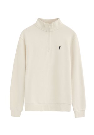 Kremfarvet quarter-zip sweatshirt med lange ærmer og lille sort broderet figurlogo på venstre bryst.