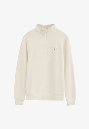 Kremfarvet quarter-zip sweatshirt med lange ærmer og lille sort broderet figurlogo på venstre bryst.