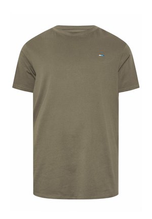 Schlichtes olivgrünes T-Shirt mit kurzen Ärmeln und Rundhalsausschnitt, mit kleinem blau-weißem Logo auf der linken Brust.