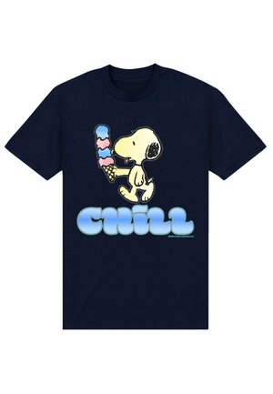 Navy T-shirt with Snoopy holding a triple-scoop ice cream cone and the word "CHILL" in large blue bubble letters below.