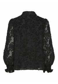 Blouse noire transparente avec de longues manches bouffantes et une broderie florale texturée, dotée d'un col classique et de poignets à volants.