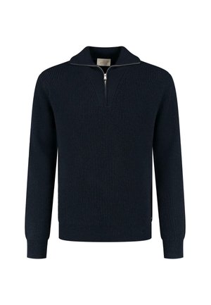 Maglione a coste blu navy con colletto alla coreana con zip, maniche lunghe e orlo dritto. Presenta una sottile textura e un tessuto resistente.