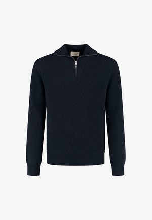 Granatowy sweter prążkowany z zamkiem błyskawicznym przy stójce, długimi rękawami i prostym dołem. Charakteryzuje się subtelną teksturą i trwałym materiałem.