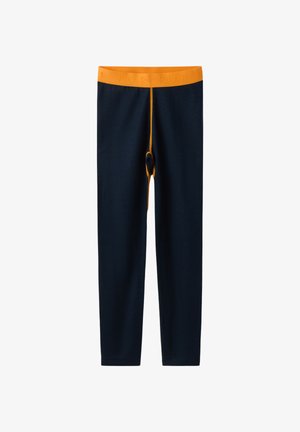 Marine leggings met een effen oranje tailleband, voorzien van de opdruk "P.O.P.". De stof is glad en het ontwerp is figuurvormend met een eenvoudige silhouet.