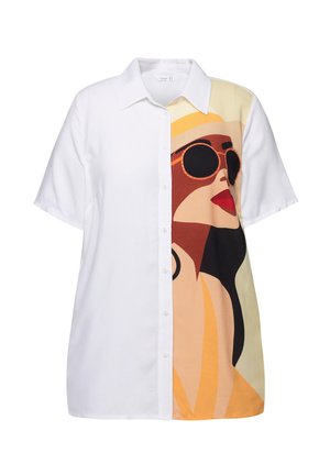 Camisa de manga corta con botones que presenta una tela blanca en un lado y un diseño gráfico colorido de una mujer con gafas de sol en el otro.