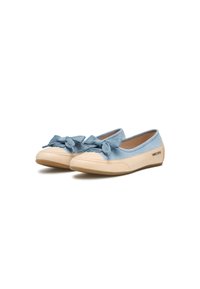 Scarpe in tessuto azzurro chiaro con dettaglio a fiocco, suola in gomma beige, punta tonda e una texture liscia. Marchio visibile sul lato.