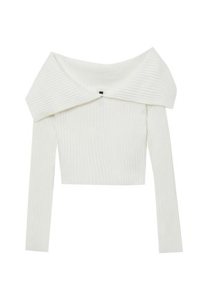 Weißer gerippter Strickpullover mit breitem Off-Shoulder-Kragen und langen Ärmeln, entworfen im eng anliegenden, cropped Stil.
