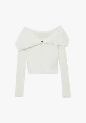 Weißer gerippter Strickpullover mit breitem Off-Shoulder-Kragen und langen Ärmeln, entworfen im eng anliegenden, cropped Stil.