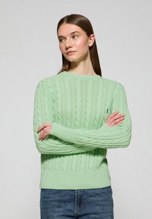 Pull en maille torsadée vert menthe avec des poignets et un ourlet côtelés, présentant un petit logo brodé sur la poitrine. Coupe décontractée, tissu texturé.