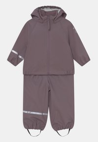 Purple rain suit made of waterproof material, with a zip-up jacket featuring a hood and reflective accents, and elastic cuffs and pants.