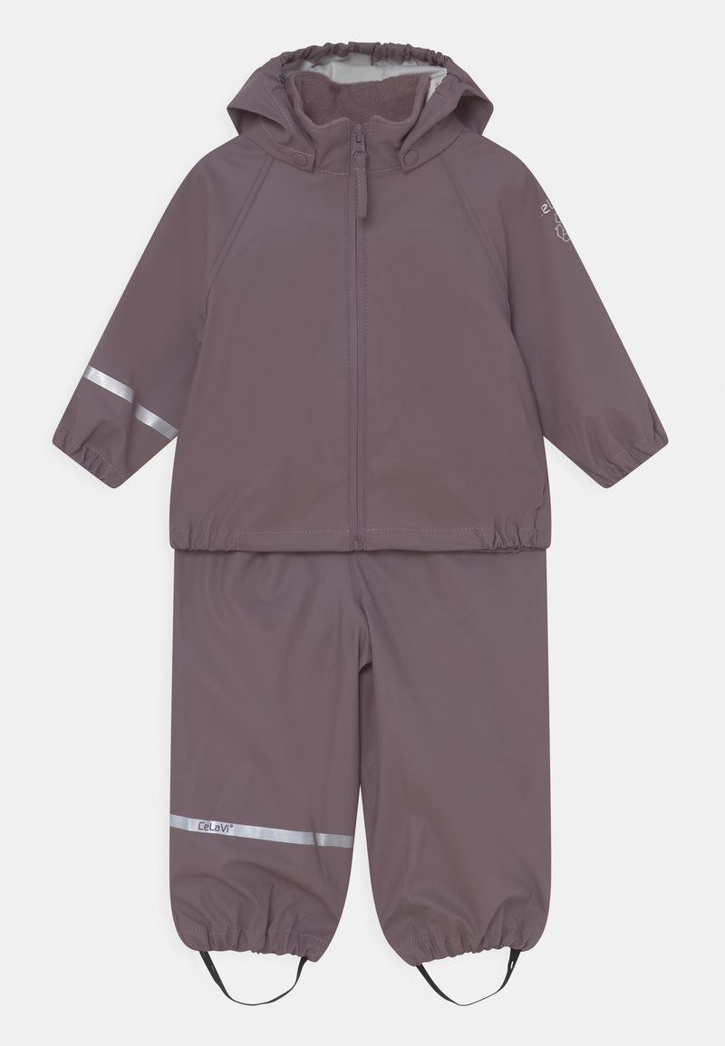 Purple rain suit made of waterproof material, with a zip-up jacket featuring a hood and reflective accents, and elastic cuffs and pants.