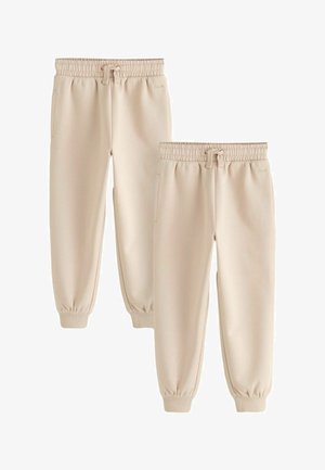 Twee beige joggingbroeken met elastische taille, koordjes, zijzakken en geribde boorden, afgebeeld tegen een witte achtergrond.