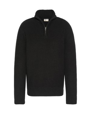 Schwarzer Pullover mit hohem Kragen und halbem Reißverschluss, mit einer strukturierten Strickoptik sowie gerippten Bündchen und Saum.