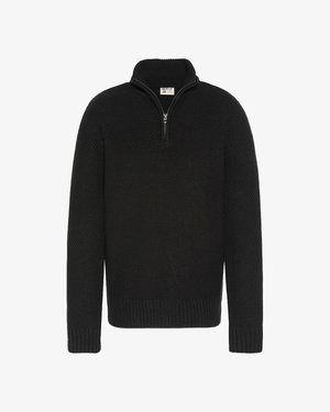 Schwarzer Pullover mit hohem Kragen und halbem Reißverschluss, mit einer strukturierten Strickoptik sowie gerippten Bündchen und Saum.