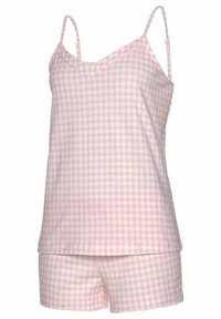 Roze ruitjespatroon pyjamastel met verstelbare spaghettibandjes, een mouwloze top en bijpassende shorts met kantafwerking.