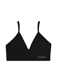 Soutien-gorge noir avec un décolleté en V profond, fines bretelles réglables et une texture lisse. Arborant "ATHENA" brodé sur le côté.