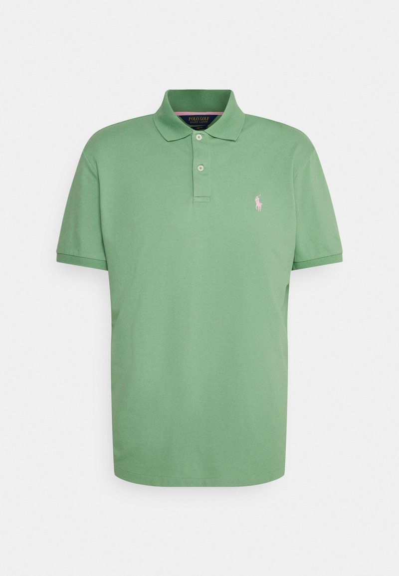 Zelené polo tričko z bavlněné tkaniny, s klasickým límcem, zapínáním na tři knoflíky, krátkými rukávy a malým růžovým logem na levé straně hrudníku.