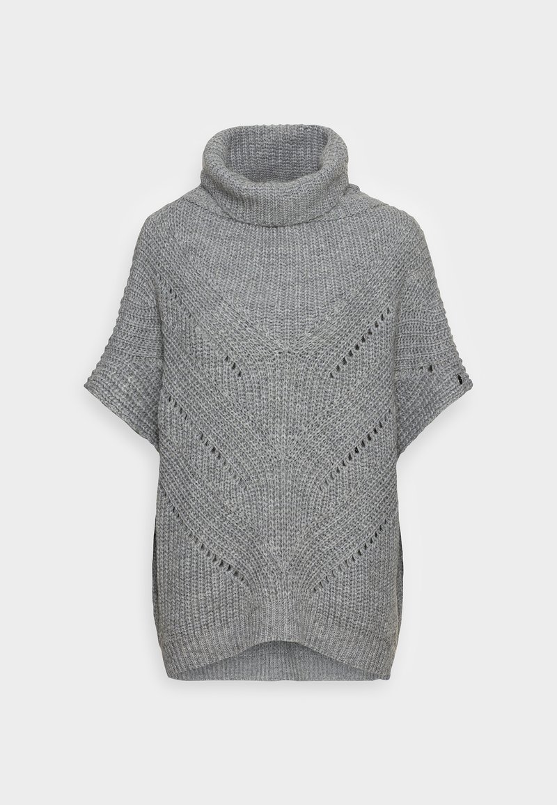 Pull en maille gris clair avec un col roulé montant, des manches courtes et un motif chevron comprenant des détails en maille ajourée tout au long du design.