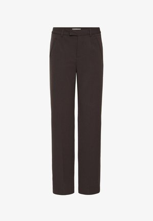 Tumši brūni, taisni bikses ar plakanu priekšpusi, jostas cilpiņām un sānu kabatām; izgatavotas no gludas, austas auduma.