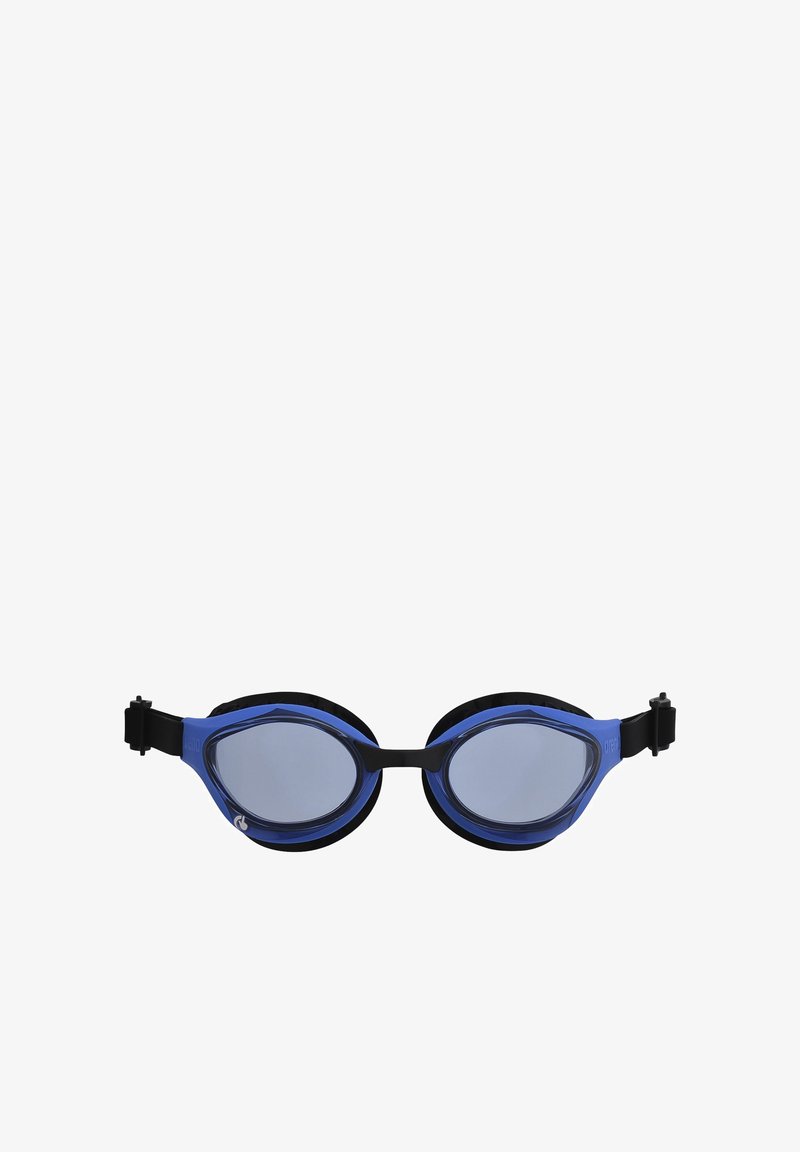 Gafas de natación azules con una correa negra, con un diseño elegante y ovalado y lentes transparentes. El material de silicona proporciona un ajuste seguro.