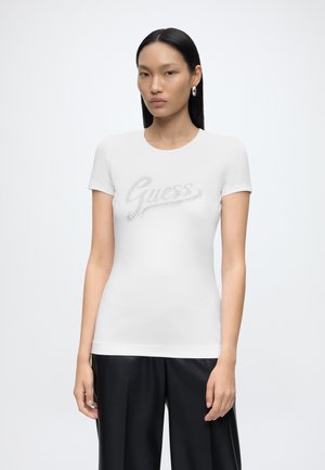 Guess SS CN GLITTER LOGO TEE - T-shirt imprimé - pure white