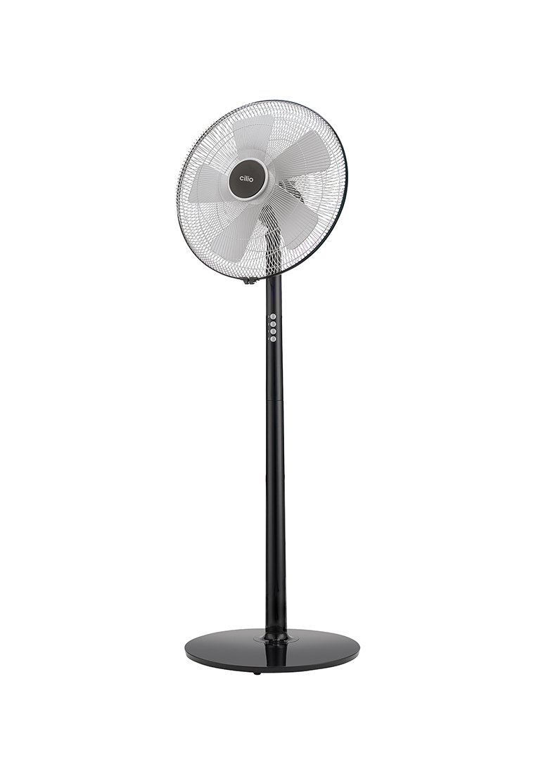 Zwarte staande ventilator met een ronde voet, een hoge, slanke paal en een ronde draadmeshomlijsting rond vijf bladen. Beschikt over bedieningsknoppen op de paal.