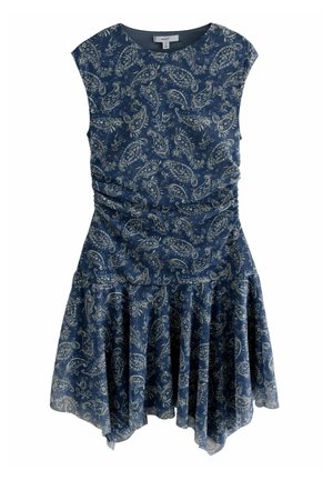 Námořnické modré šaty s paisley vzorem, krátkými rukávy, nařaseným živůtkem a rozšířenou sukní s nepravidelným lemem. Materiál vypadá lehce.
