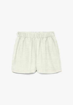 Pantalones cortos de un gris claro, con textura, que cuentan con una cinturilla elástica y bolsillos laterales. Corte relajado, con un diseño simple y limpio.