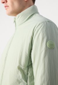 Jachetă din nailon verde deschis cu guler înalt, având o suprafață texturată și un logo circular Colmar pe umărul stâng.