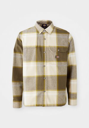 Geruite shirt in tinten olijfgroen, beige en geel, met lange mouwen, een kraag, een borstzak en drukknoopsluiting.