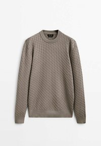 Maglione grigio chiaro, lavorato a maglia con texture, con scollatura rotonda e maniche lunghe. Presenta un motivo a diamante e polsini e orlo a coste.