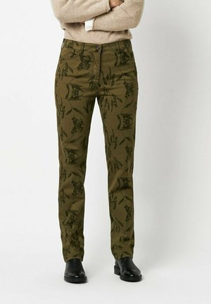 Olivgrüne Hose mit floralen Muster, aus Baumwolle, mit Knopfverschluss und fünf Taschen, taillierte Passform mit geraden Beinen.