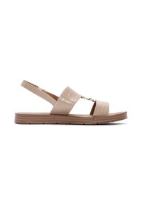 Beige croc-embossed sandals with two wide straps, slingback design, flat sole, and a subtle metallic accent on the front.