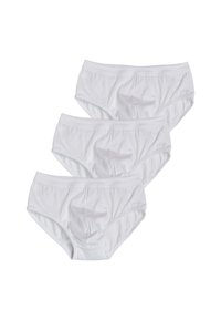 Tre paia di slip bianchi in cotone, con una texture morbida, elastici in vita e taglio classico. Senza motivi o decorazioni visibili.